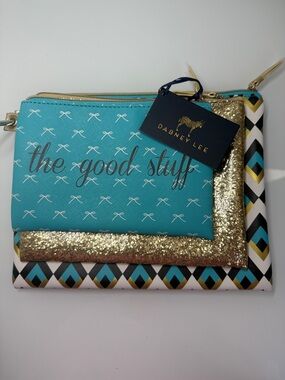 NWT - Dabney Lee 3-Piece Cosmetic Pouch Set - Turquoise & Gold Glitter
